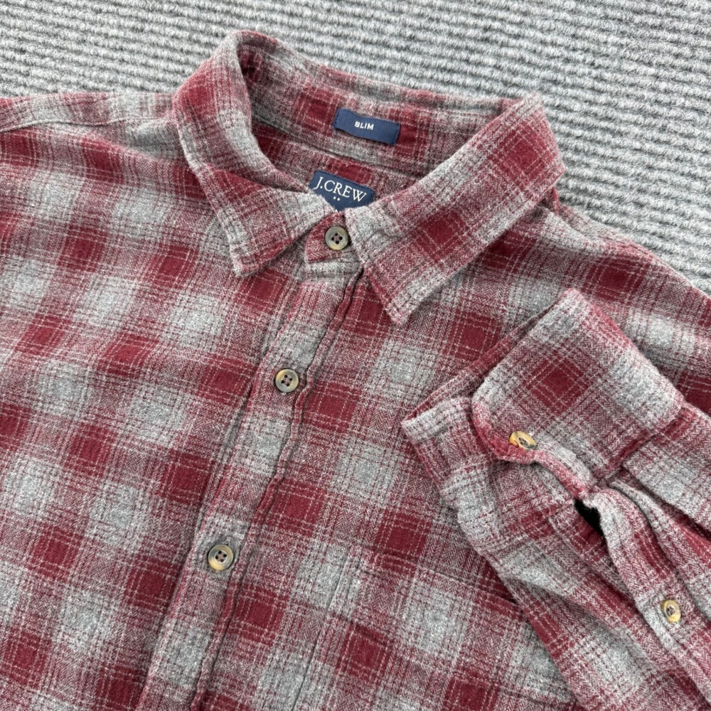 J.Crew Mens Large Slim Fit Maroon Gray Plaid Flannel Cotton Button Up Shirt